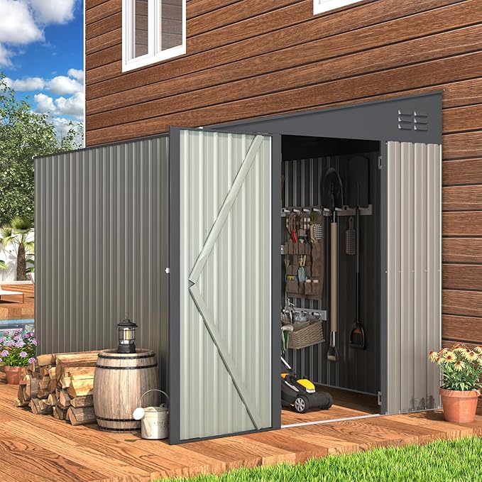 AECOJOY 6' x 8' Lean to Storage Shed, 8x6 Outdoor Storage Cabinet Shed Metal Wall Side Storage Sheds & Outdoor Storage, Garden Storage Cabinet for Backayrd, Patio, Outdoor Use in Grey