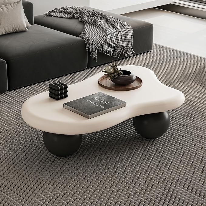 40” Cloud Coffee Table with 3 Ball Legs, Modern Lrregular Center Table for Living Room, Low Cute Small MDF Tea Table for Bedroom, Space Apartment-White Black