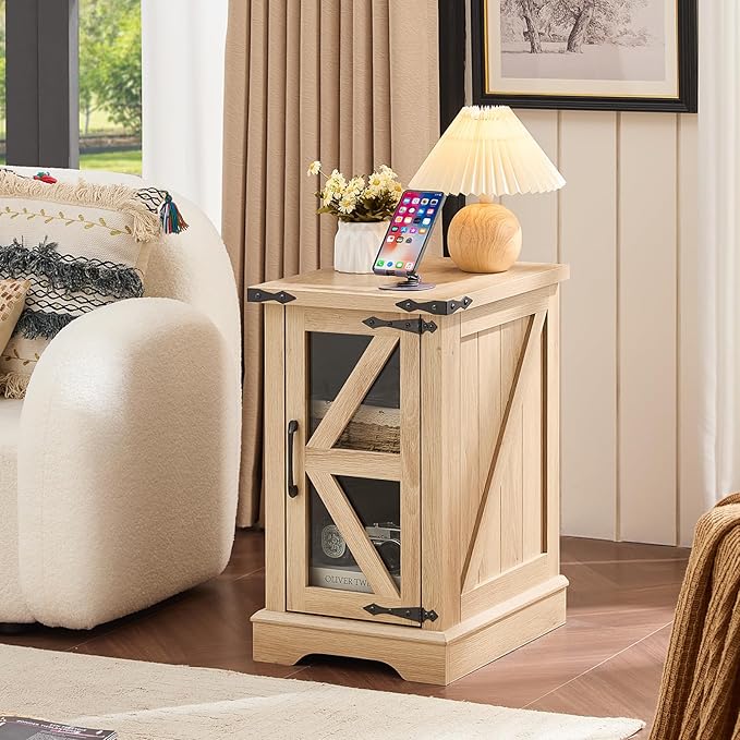 Narrow Night Stand for Small Spaces, Farmhouse Side End Table with Glass Barn Door Storage, Natural Wood Bedside Tables, Nightstand Cabinet Organizer for Living Room Bedroom