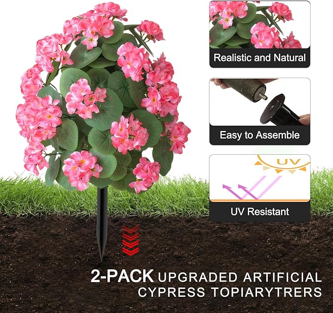 2Pcs 20" Artificial Boxwood Topiary Ball with Flowers Plants with Ground Spikes for Outdoor UV Resistant Realistic Fake Bushes Plants for Garden Yard Front Porch Patio Decor (Begonia Peach red)