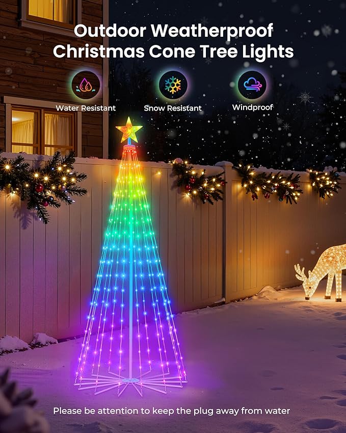 Smart Christmas Cone Tree LED Light, 6ft 265 LEDs Music Sync with Remote APP and Local Control, Pattern and Text Displayable, 16 Million Colors LED Light Show Tree for Indoor Outdoor Decorations
