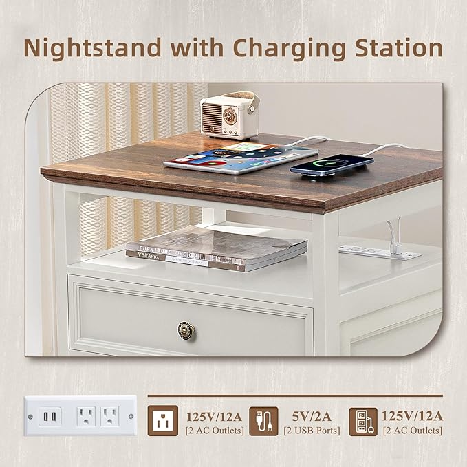 Farmhouse Nightstand Set of 2 with Charging Station, 24" Wide End Table with 2 Drawers,Dresser for Bedroom,Bed Side Table Chest of Drawers Cabinet,Wood White Night Stand for Living Room