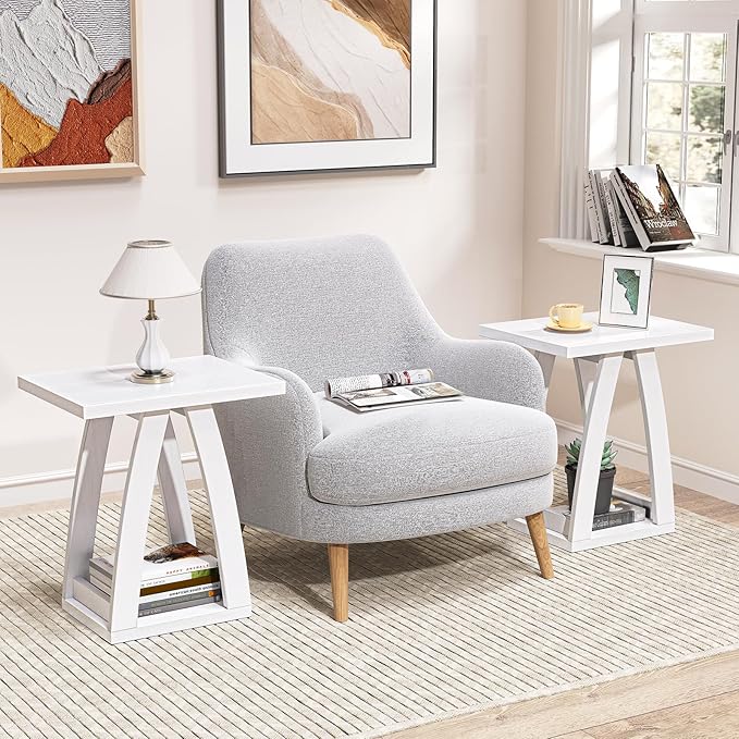 End Tables Living Room, Side Table Beside Sofa, Nightstand for Bedroom, Couch Side Table with Shelf, Modern End Table for Living Room, White End Table Set of 2
