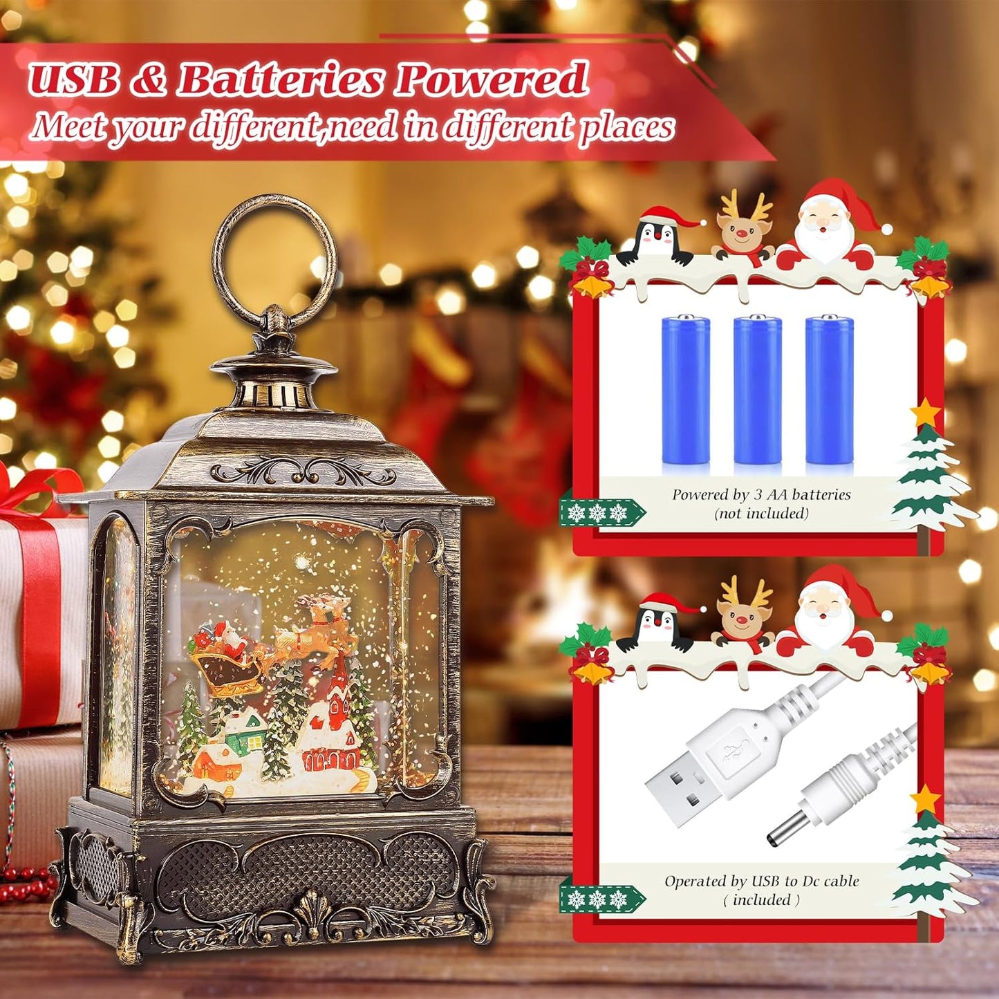 Christmas Snow Globes,Christmas Decorations for Home,with 6 Hour Timer,Musical Snow Globe,Battery Or USB Powered,Christmas Lantern,Christmas Festival Decor, Reindeer Vehicle