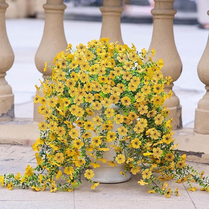 EROCK Artificial Flowers for Outdoors, 4PCS Fake Silk Hanging Flowers for Decoration UV & Fading Resistant, Realistic Faux Plants & Flowers for Porch Patio Balcony Window Box Home Decor (Yellow)