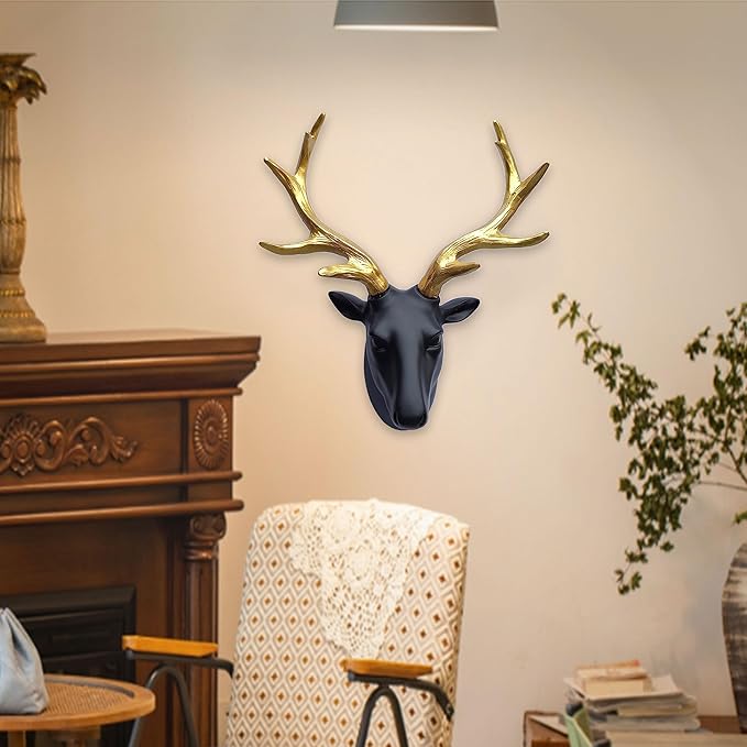 JoyEvy Deer Head Wall Decor-Wall Sculpture Resin Deer Head Gold Antler Faux Skull-Handmade Wall Art Hanging Rustic Animal Cottage Decor Home Cottage (9.5"*11")