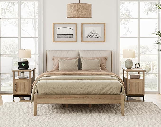 WAMPAT Set of 2 End Tables with Charging Station, Narrow Side Table Night Stand with Storage Cabinet, Wooden Nightstand with Metal Legs, Bedside Table for Bedroom, Oak