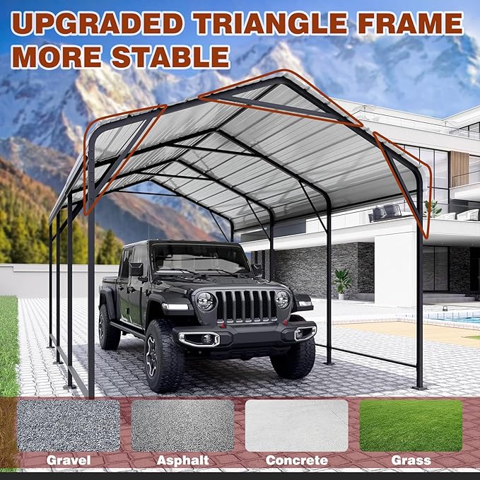 LEVELEVE 10x15 FT Heavy-Duty Metal Carport, Galvanized Steel Car Canopy with Reinforced Base Frame, Outdoor Shelter for Cars, Trucks, Boats, Tractors & RV