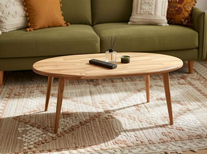 Oval Solid Wood Coffee Table for Living Room, Scandinavian Minimal Design, Tool-Free Assembly, 55″W x 20″D x 18″H