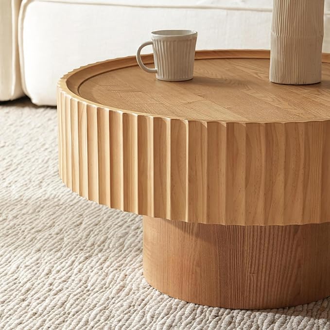 Round Coffee Table with Storage, 30.3” Fluted Drum Modern Living Room Table, Circle Wood Center Tables, Accent Mushroom Shape Coffee Tables for Living Room, Apartment(30.3''L×13.7''H)
