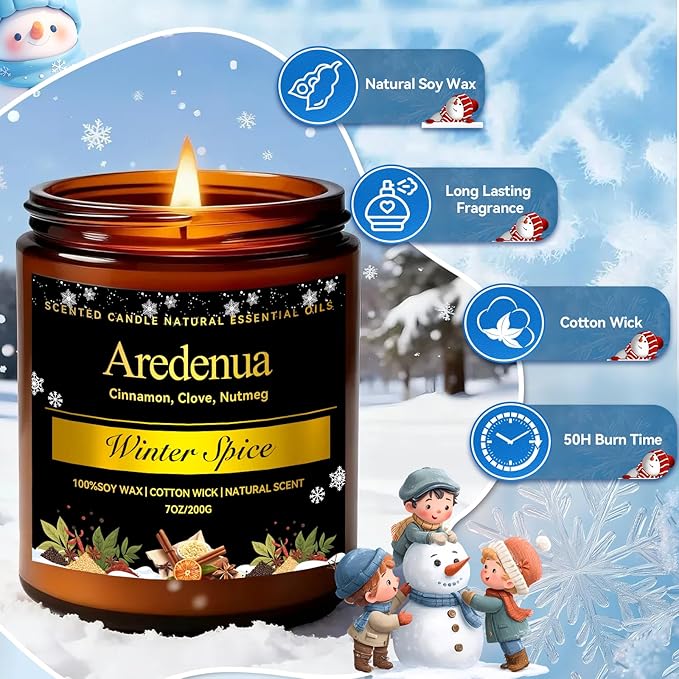 Winter Candles – Winter Spice Candle | Holiday Scented Candles, 7oz Soy Candle for Home - Christmas Gifts for Men Women - 50H Clean Long Lasting Burn, Aromatherapy Gift for Relaxation