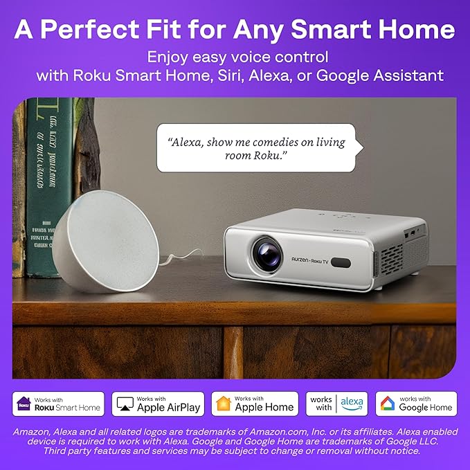 Aurzen Roku TV Smart Projector with Wifi and Bluetooth, Roku Streaming Experience Built-in, 1080P FHD, Dolby Audio, Auto Focus & Keystone, Zoom, Movie Portable Outdoor Mini Projector, Silver