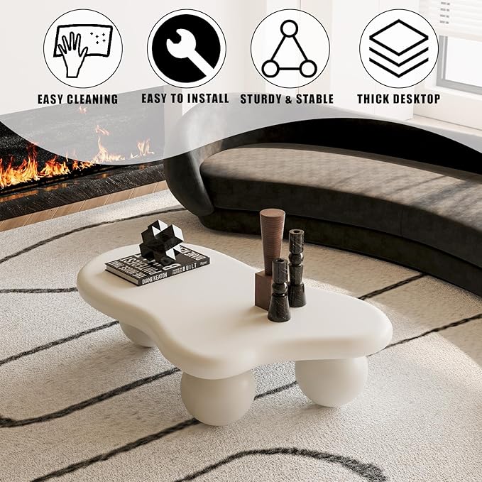 Modern Cloud Coffee Table with 3 Ball Legs, Cute Irregular Shaped Coffee Table, Low Center Table Tea Table for Living Room Apartment (47.2''L × 31.5''W × 13.78''H)