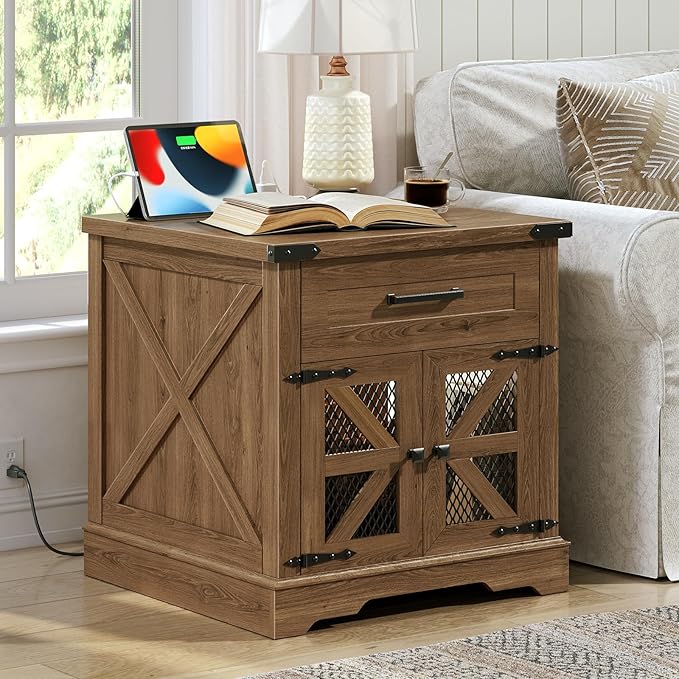 Farmhouse End Table Set of 2, 24" Large Sofa Side Table with Drawer, Large End Table for Living Room, Wooden Nightstand with Charging Station, Square, Walnut