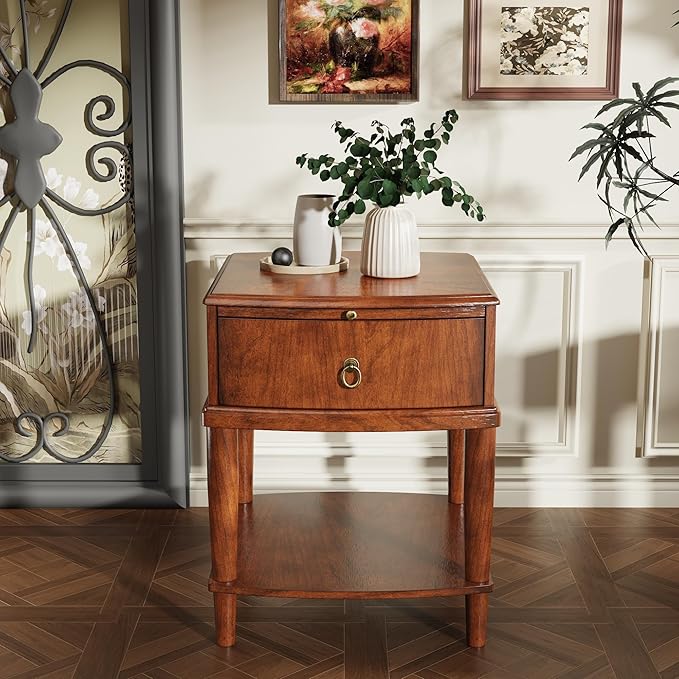 Traditional Wood End Table with Drawer and Storage Shelf, Hardwood Beside Table with Pull-Out Divider, Modern Vintage Sofa Chair Side Table Nightstand for Living Room Bedroom, Cherry Brown 1569MG
