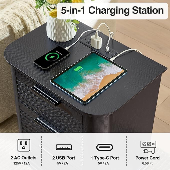 Okvnbjk 22" Wide Fluted Nightstand with Charging Station, Modern End Table for Living Room, Bedroom, Home Office, Wood 3 Drawer Dresser, Large Bedside Tables, Curved Profile Design, Black