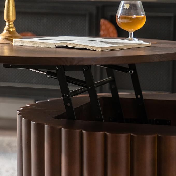 27.56" Round Lift-Top Coffee Table, Modern Fluted Tea Table with Hidden Storage for Living Room, Apartment or Office, Walnut