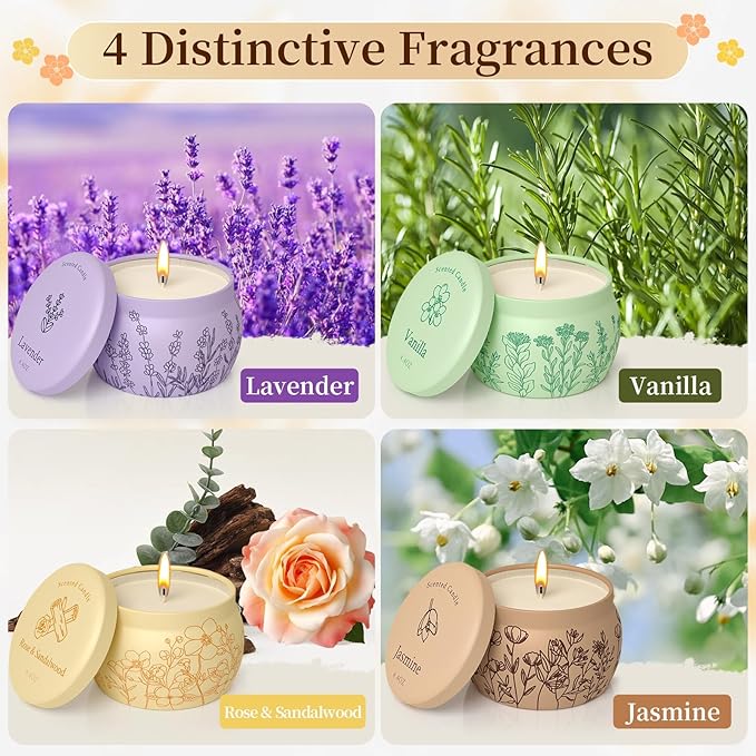 Scented Candles for Mom, 17.6oz Romantic Candles for Women Girl Candle Set, 120H Burning, Soy Candle for Home Scented, Christmas, Birthday, Lavender | Vanilla | Rose & Sandalwood | Jasmine -4 Pack