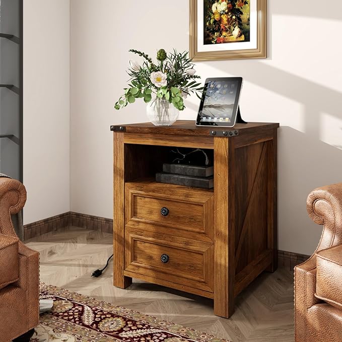 MUUEGM Farmhouse Nightstand with Charging Station, End Tables for Living Room, 18 Inch Bedside Table Side Table with Drawers and Storage Cabinet, Nightstand for Bedroom, Brown, Set of 1