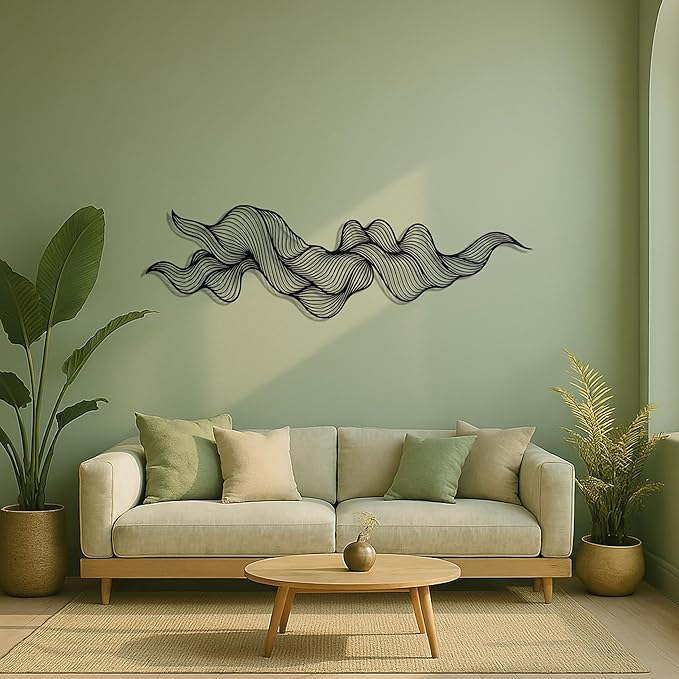 pluviart Abstract Metal Wall Art – Modern Black Wave Line Sculpture, Large 3D Wall Decor for Living Room, Bedroom, Office, Contemporary Home Decoration (30"x9")