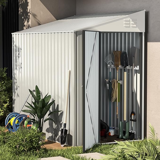 AECOJOY Shed Outdoor Lean to Storage Shed, 4.2' x 7' Small Metal Wall Side Door Sheds & Outdoor Storage, Outdoor Storage Cabinet for Garden, Backyard and Outdoor Use in White