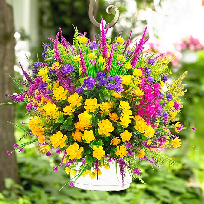 Artificial Flowers for Outdoors, 20 Bundle Artificial Plants Outdoor Fake Flowers UV Resistant, Outdoor Fake Plants Plastic Faux Flowers for Porch Window Box Garden