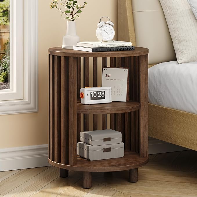 Round End Table, Wood Bedside Table, Mid Century Modern Nightstand with Open Storage Shelf, 3 Tier Small Side Tables for Living Room, Bedroom, Curved Profile Design, Walnut(2-Pack)