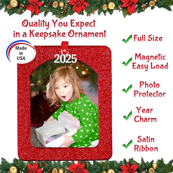 2025 Photo Ornaments for Christmas Tree, Classic Red and Black Buffalo Plaid Christmas Frame Ornament, Easy-Load Magnetic Design, with Satin Ribbon, Silver Charm Plus Photo Protector, Vertical