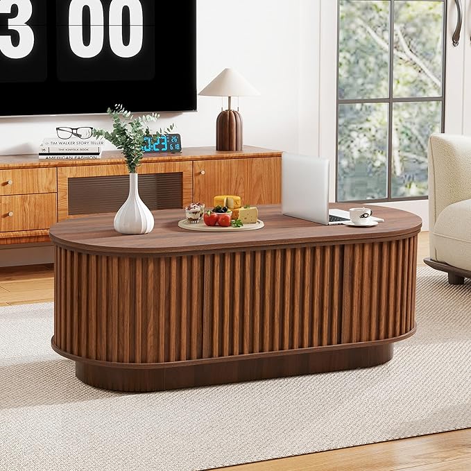Oval Lift Top Coffee Table with Storage, 43.3”Mid Century Modern Center Table with Hidden Compartment, Fluted Wooden Lift Tabletop Dining Tables for Living Room Apartment Home Office,Walnut