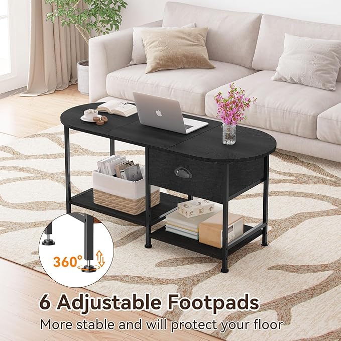 37" Oval Small Coffee Table with Storage,Modern Wood Living Room Center Table for Small Space,Apartment,Home Office,Drawer & Open Shelves,Easy Assembly,Black