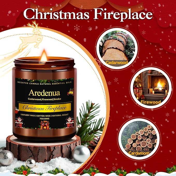 Christmas Candles | Christmas Fireplace Candles - Holiday Scented Candles for Home, Winter Holiday Gifts - 7 oz Soy Candle, Xmas Gift for Women and Men