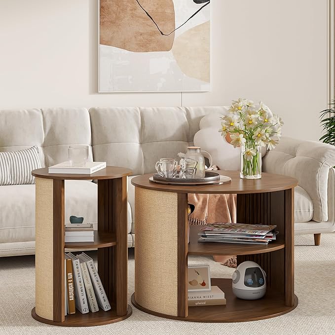 Round Coffee Table with Storage, 2-Tier Boho Mid Century Modern Wooden Center Coffee Table with Adjustable Shelf, Sackcloth Finish, Farmhouse, for Living Room, 27.5 Inches, Walnut