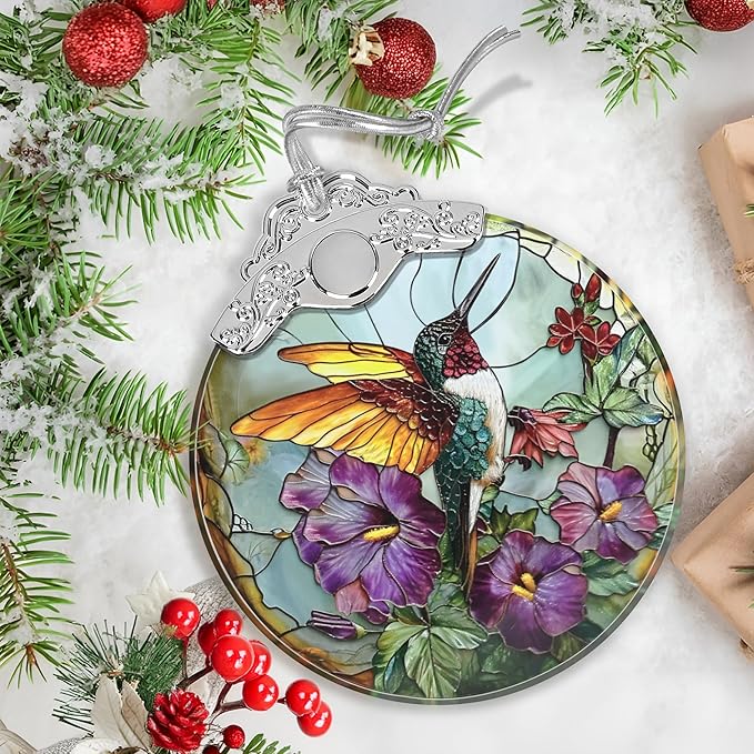 Stained Glass Suncatcher Ornament - Hummingbird Christmas Decorations - Christmas Ornaments for Tree - Holiday Present Ideas - Gift Exchange