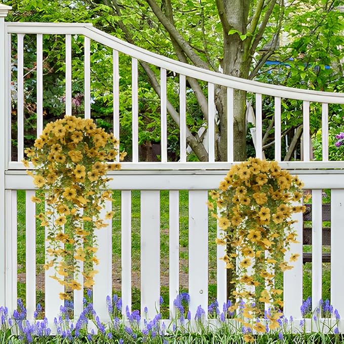 EROCK Artificial Flowers for Outdoors, 4PCS Fake Silk Hanging Flowers for Decoration UV & Fading Resistant, Realistic Faux Plants & Flowers for Porch Patio Balcony Window Box Home Decor (Yellow)