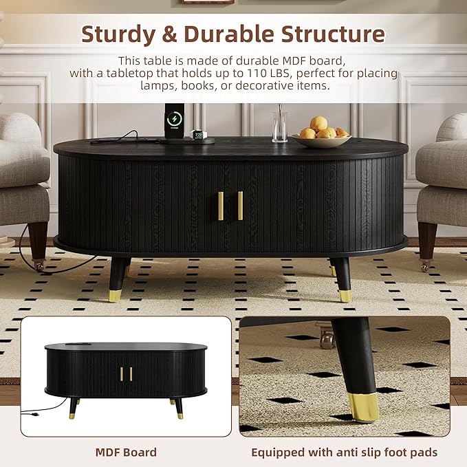 WILLIAMSPACE 42.5" Oval Coffee Table with Storage & Charging Station, Mid-Century Modern Center Table with Sliding Tambour Door, Farmhouse Tea Table with Solid Wood Legs for Living Room, Black