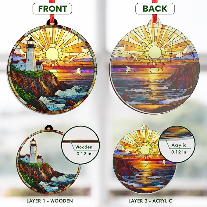 AVERXO Lighthouse Decor Christmas Decorations - Suncatcher Christmas Ornaments 2025 for Xmas Decorations - Lighthouse Gifts for Women Men, Boho Ocean Gifts for Women Men Mom Dad Ocean Lovers