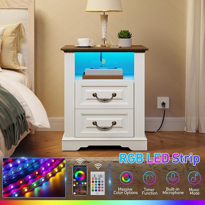 Farmhouse Nightstand with Charging Station, Wooden Night Stand with 2 Drawers, LED Bedside Table, Rustic Sofa Side Table, End Table for Bedroom, Living Room, White and Walnut