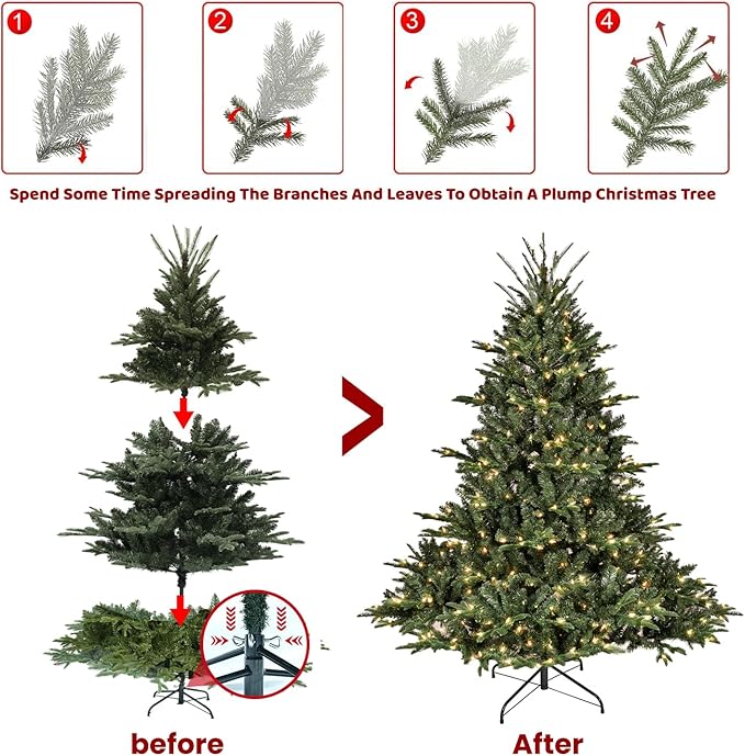 7.5 ft Christmas tree Prelit,Artificial Christmas Tree with Lights &Mixed 2456 PE PVC Flame-retardant Tips,Premium Realistic Lighted Up Spruce Led Christmas Tree for Office Home Decor with Auto Hinged