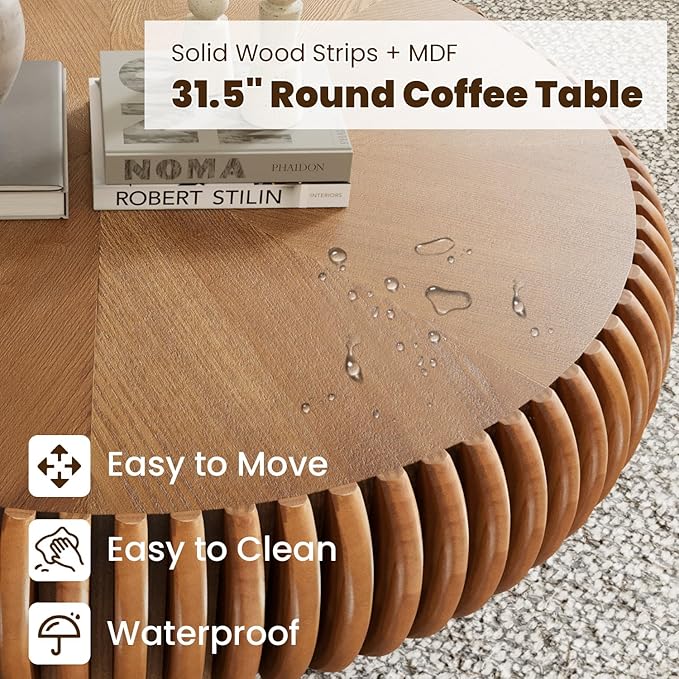 31.5" Drum Coffee Table Modern Unique Fluted Tea Table Contemporary Wood Round Coffee Table with Fluted Centry Table for Living Room Walnut (31.5" Brown)