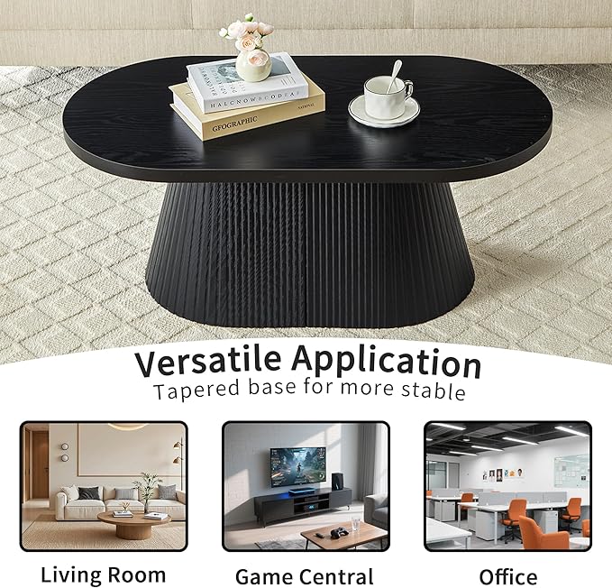 Fluted Coffee Table with Sturdy Tapered Base, Wood Oval Small Coffee Table, Mid Century Modern Center Table for Living Room Office (Black)