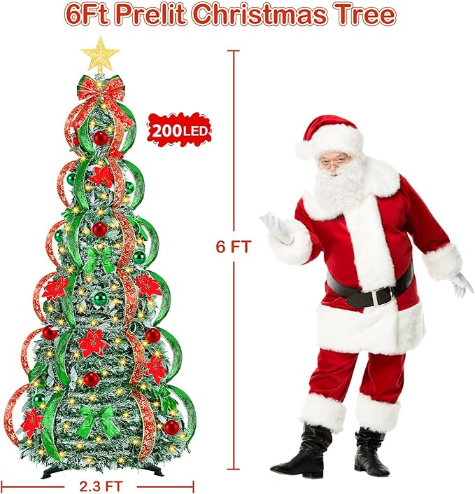 [ 8 Modes & Timer ] 6Ft Prelit Full Pop Up Flocked Pencil Christmas Tree with 200 Warm White LED Lights, Balls, Red & Green Ribbon, Bows, Plug in Collapsible Xmas Tree Outdoor Indoor Christmas Decor