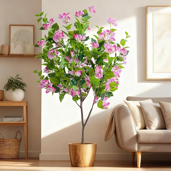 4FT Artificial Bougainvillea Tree Artificial Tree Tall Potted Fake Bougainvillea Trees for Outdoor Indoor Lifelike Potted Faux Plants with Wood Trunk and Flowers Office Wedding Home Decor