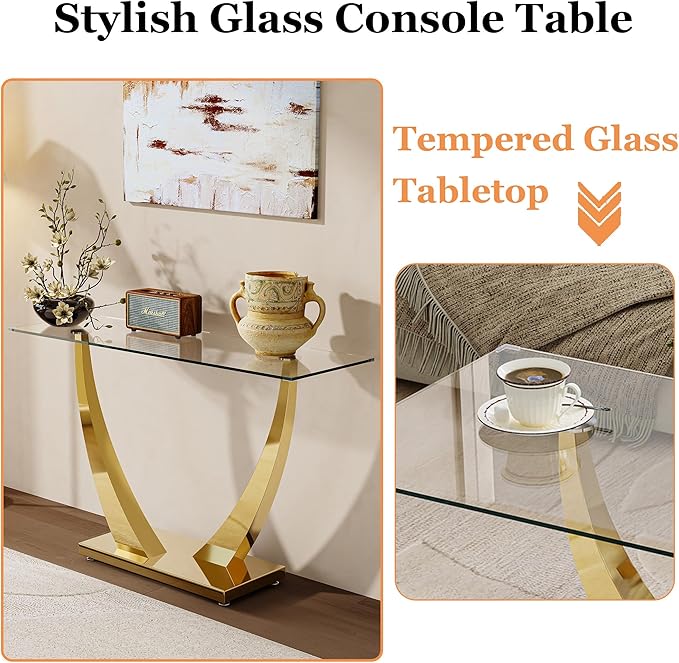 47" Glass Console Table, Modern Rectangular Sofa Table with Tempered Glass Top and Gold Horn-Shaped Stainless Steel Base for Living Room, Entryway, Hallway