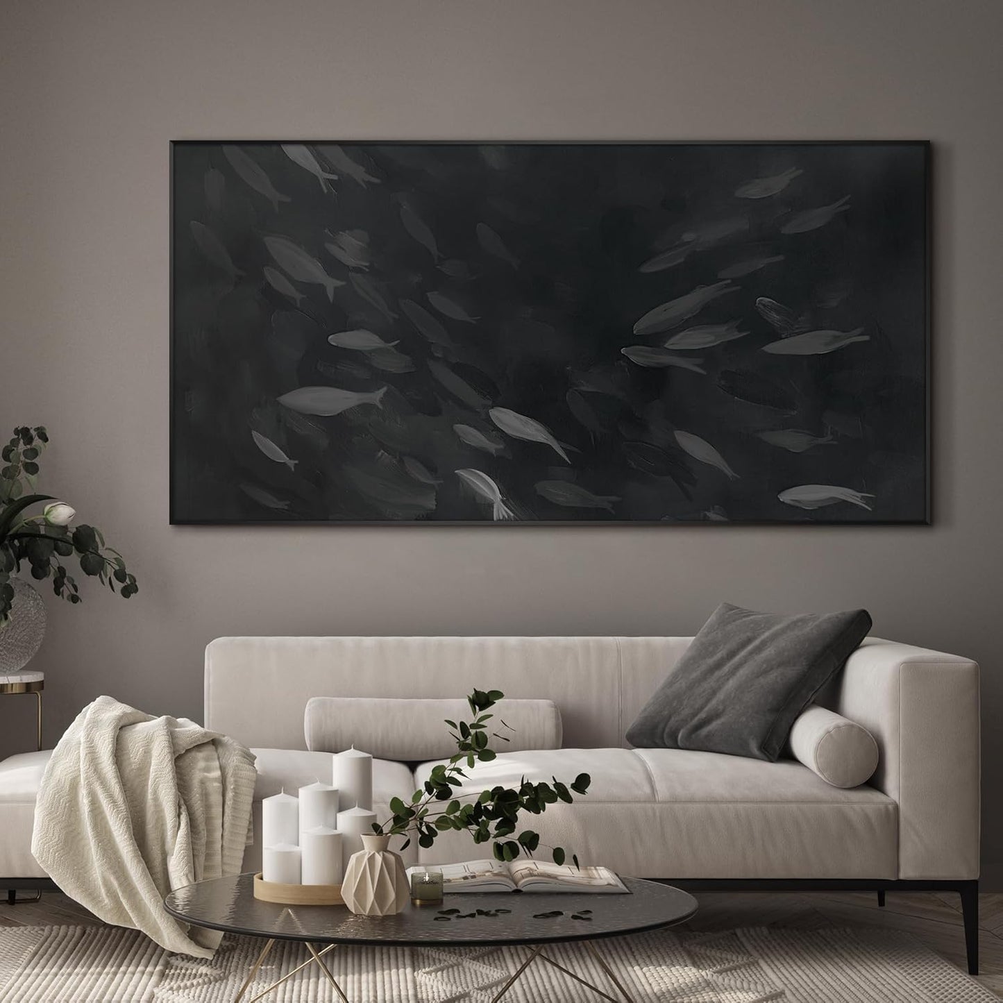 SIGNWIN 24"x46" Extra Large Framed Wall Art Monochrome Fish Silhouettes Illustration for Home Living Room Bedroom Decor (Frame Assembly Required)
