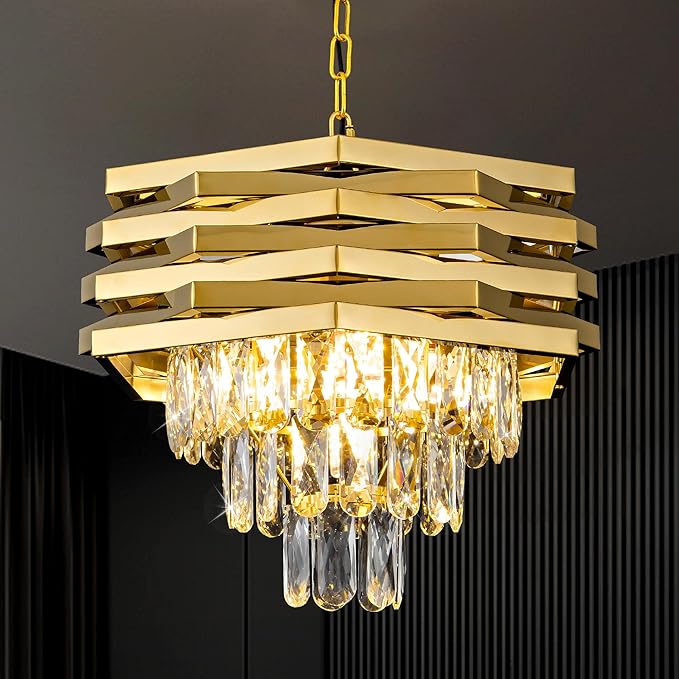 5-Light Gold Crystal Pendant Light 15.75" Modern Crystal Chandelier 3-Tier Luxury K9 Hanging Lighting Fixtures for Dining Room Hallway Living Room Bedroom Foyer Entryway Kitchen Island