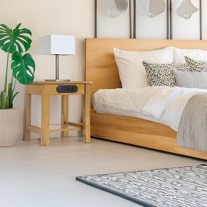 KAWIND Home Solid Wood End Table with Charging Station Compact Side Table with 2 USB Ports & 2 AC Outlets Light Walnut Ideal for Living Rooms & Bedroom Light Assembly