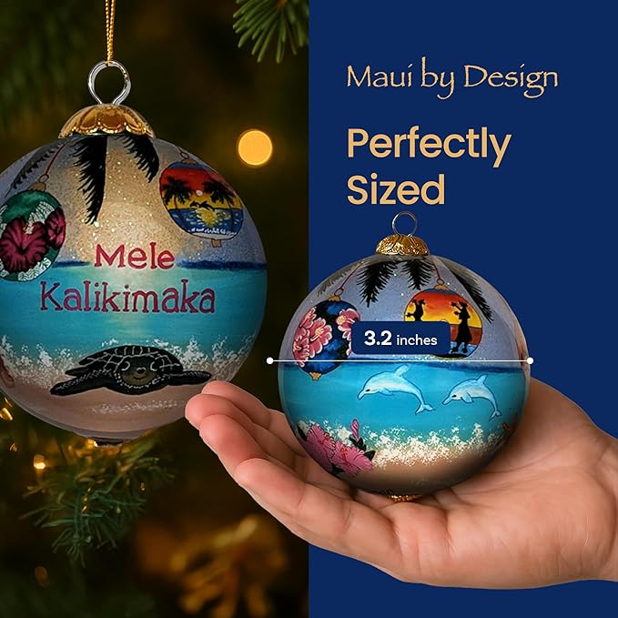 Hawaiian Ornament Christmas Under Palm Trees: Collectible Hand-Painted Glass Keepsake with Gift Box