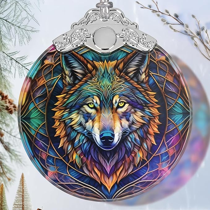 Stained Glass Wolf Christmas Ornament - Holiday Home Decor - Tree Decoration - Gift Exchange Idea