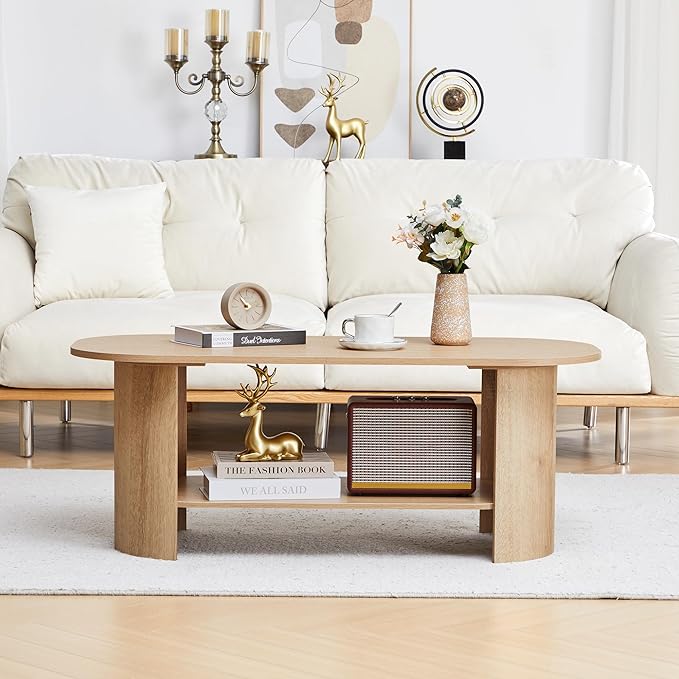 43.3” Oval Coffee Table for Living Room, Wood Farmhouse Coffee Tables with Storage, 2-Tier Center Table with Storage Shelf Low Tea Table for Small Space, Home, Office, Easy Assembly (Natural)