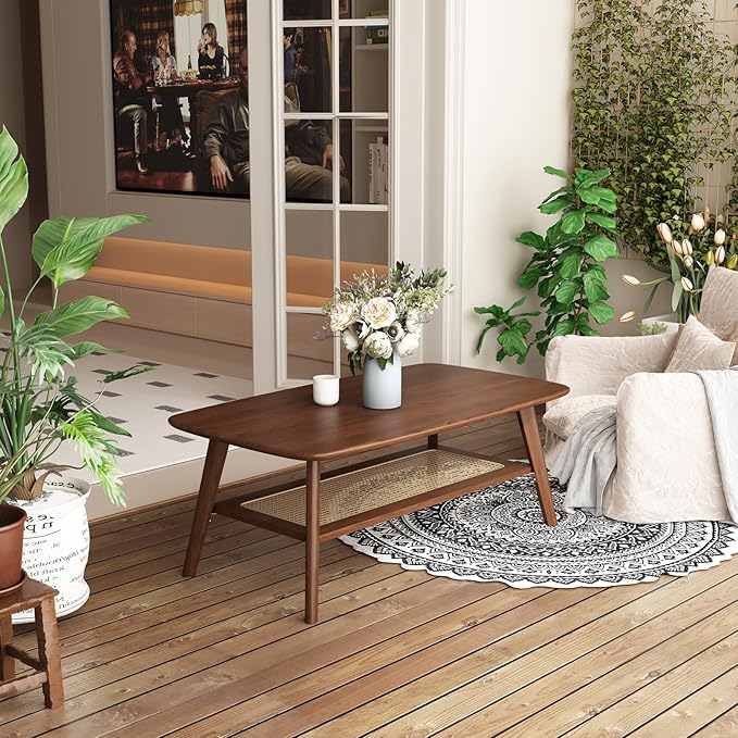 Coffee Table Small Solid Wood Center Table Mid Century Vintage Living Room Coffee Table, Walnut Rattan 39.37 Inch
